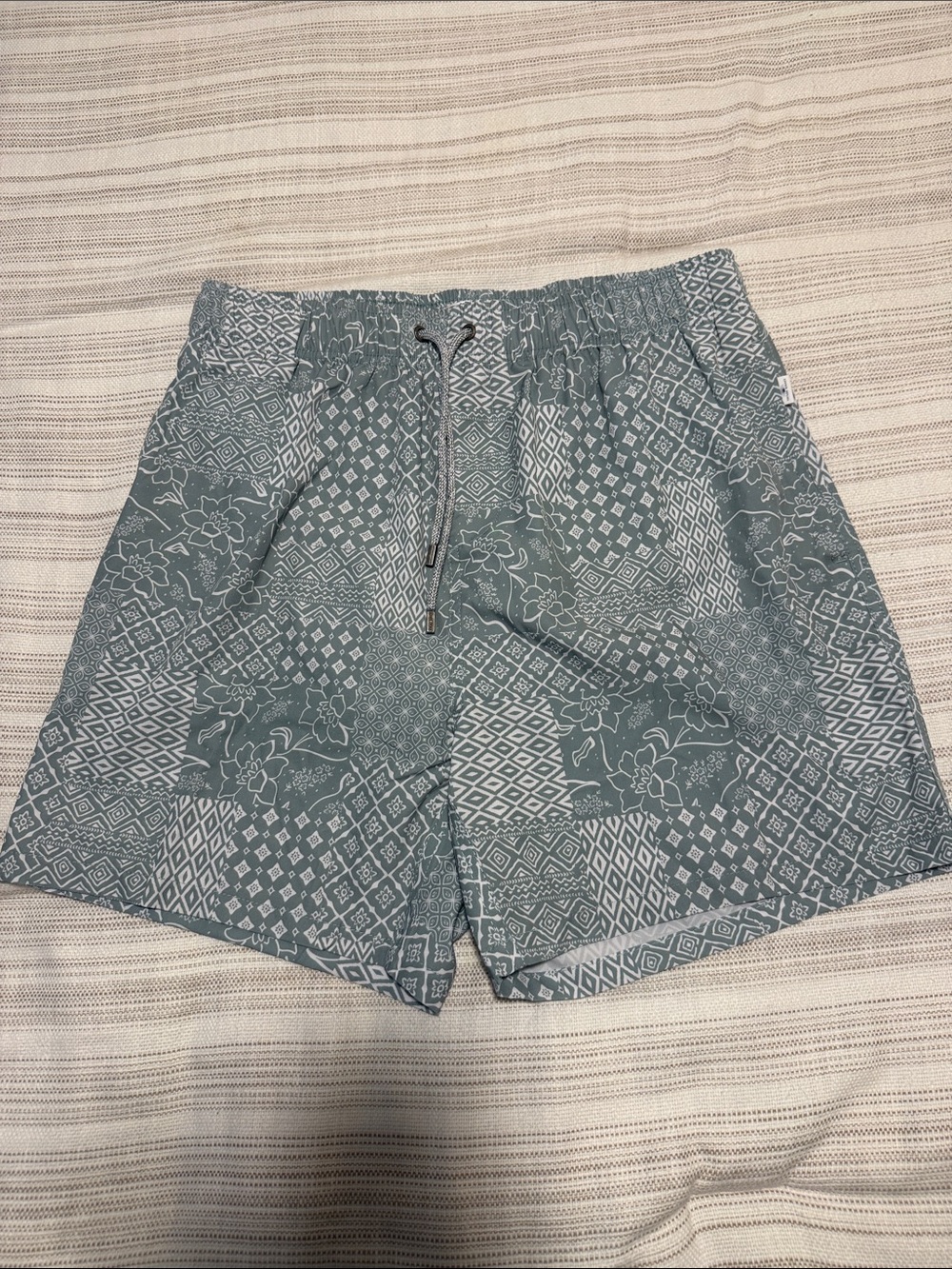 Men's Teal Patterned Swim Trunks - Elastic Waist